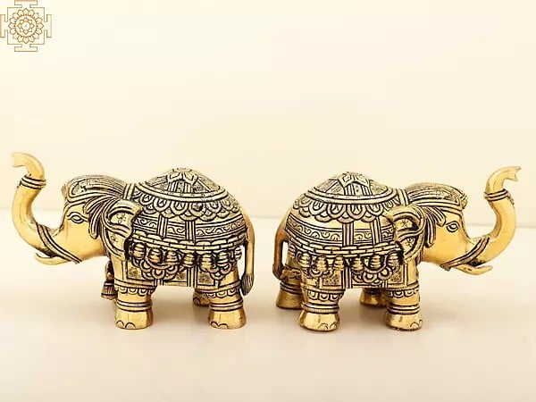 Exotic India 6" Carved Elephant Pair Brass Statue With Trunk Up | Handmade 