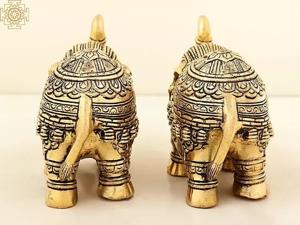 Exotic India 6" Carved Elephant Pair Brass Statue With Trunk Up | Handmade 