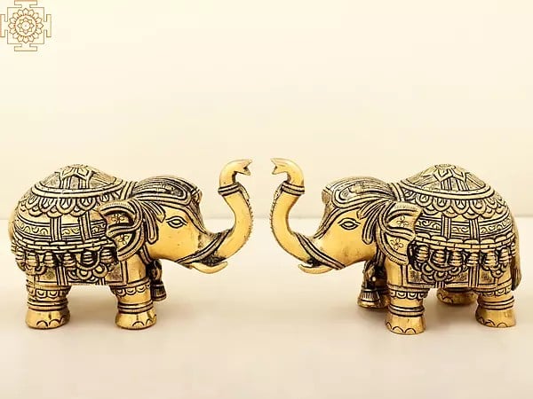 exotic india 6" Carved Elephant Pair Brass Statue with Trunk Up | Handmade 