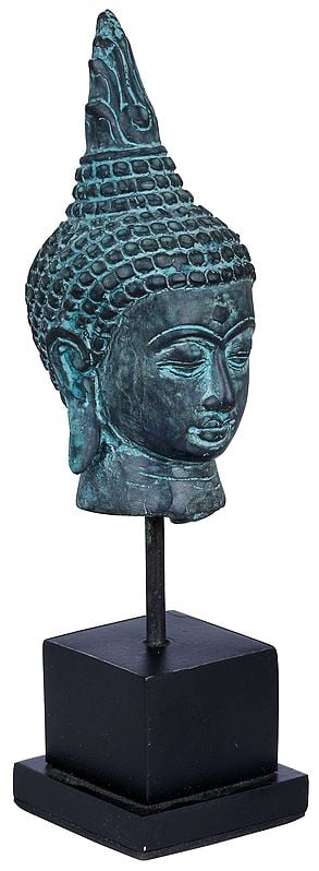 Exotic India 6" Coppery Finish Buddha Head On Angular Wooden Stand | Handmade Brass Statue 