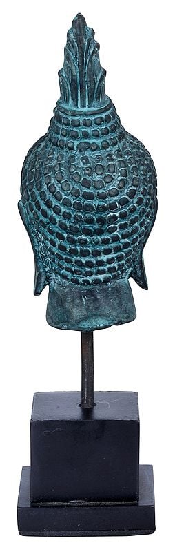 Exotic India 6" Coppery Finish Buddha Head On Angular Wooden Stand | Handmade Brass Statue 