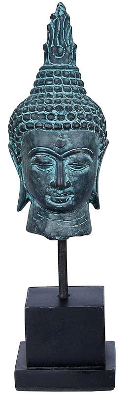 exotic india 6" Coppery Finish Buddha Head on Angular Wooden Stand | Handmade Brass Statue 
