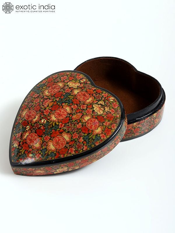 Exotic India 6" Floral Design Hand-Painted Papier Mache Heart Shaped Box | From Kashmir
