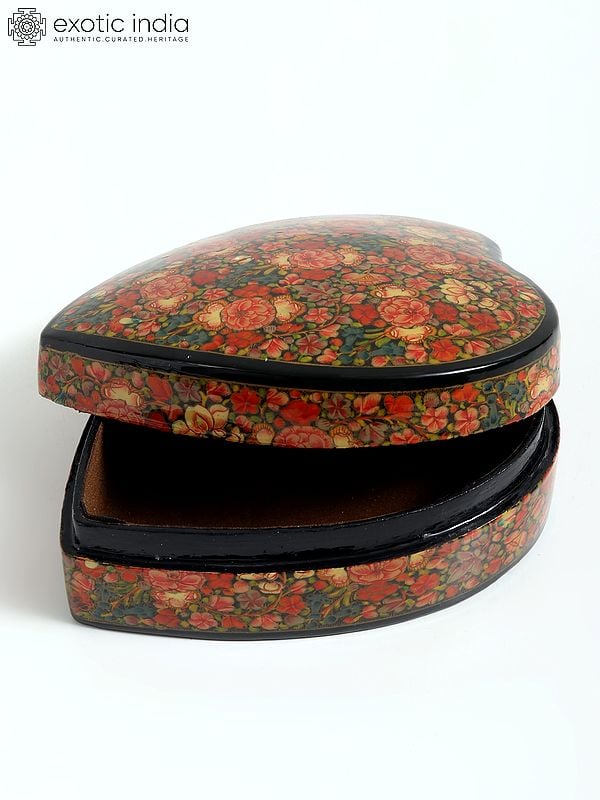 Exotic India 6" Floral Design Hand-Painted Papier Mache Heart Shaped Box | From Kashmir