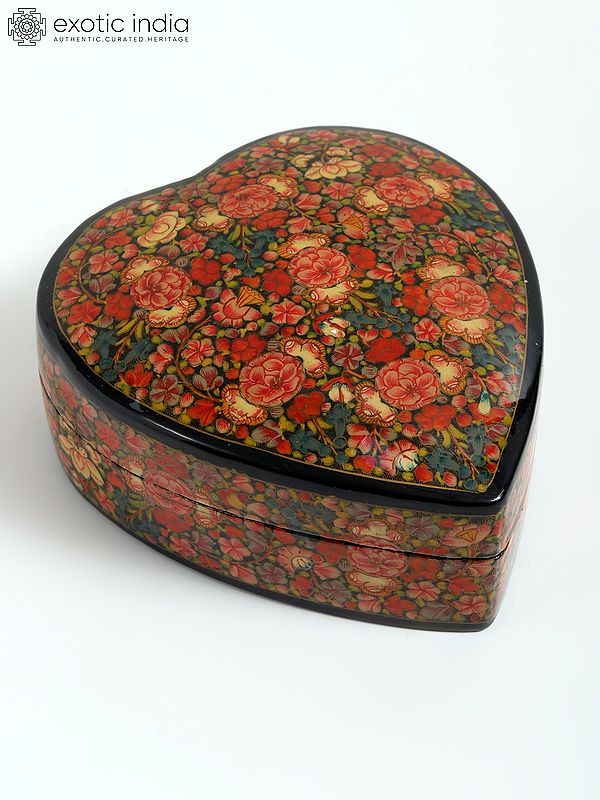 exotic india 6" Floral Design Hand-Painted Papier Mache Heart Shaped Box | From Kashmir 