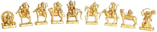 exotic india 6" Golden Navagraha Set of Nine Deities in Brass | Handmade | Made in India 