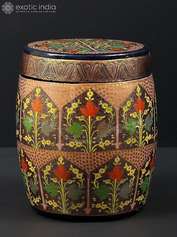 Exotic India 6" Hand Painted Papier Mache Barrel Box With Brass Inside | From Kashmir 