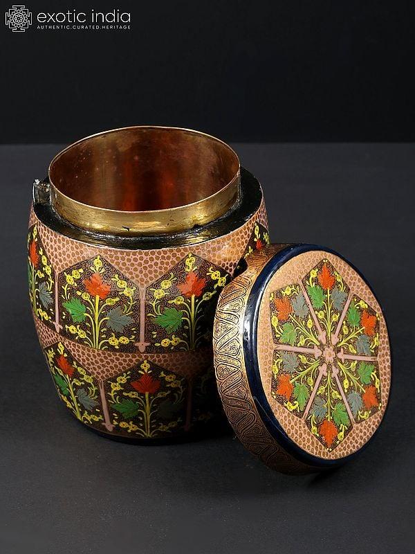 Exotic India 6" Hand Painted Papier Mache Barrel Box With Brass Inside | From Kashmir 