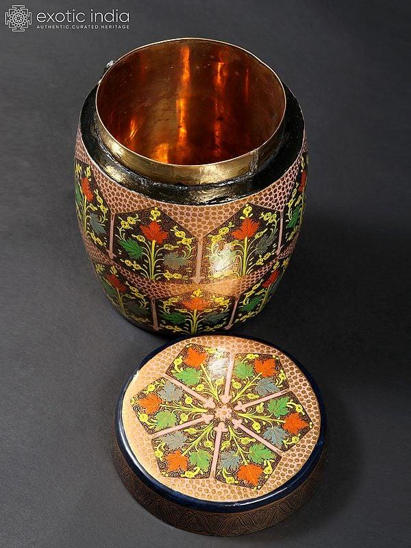Exotic India 6" Hand Painted Papier Mache Barrel Box With Brass Inside | From Kashmir 