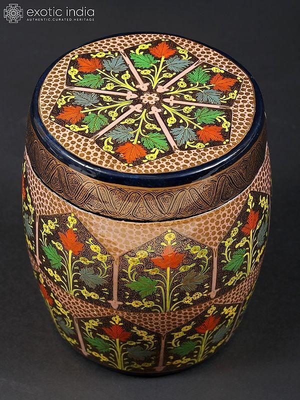 exotic india 6" Hand Painted Papier Mache Barrel Box with Brass Inside | From Kashmir 