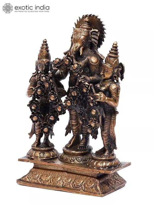 Exotic India 6" Lord Ganesha Marrying With Riddhi Siddhi | Copper Statue 