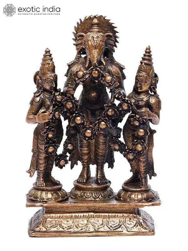 exotic india 6" Lord Ganesha Marrying with Riddhi Siddhi | Copper Statue 