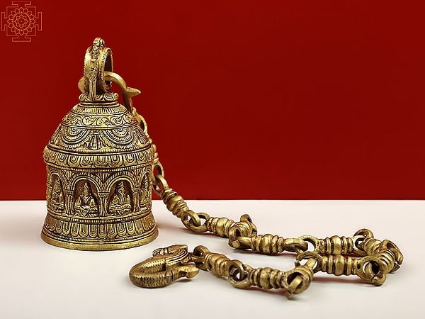 Exotic India 6" Navagraha Hanging Temple Bell In Brass | Handmade | Made In India 
