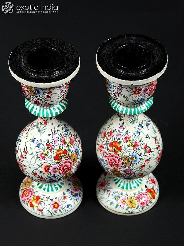 Exotic India 6" Pair Of Hand-Painted Papier Mache Candle Holder | From Kashmir 