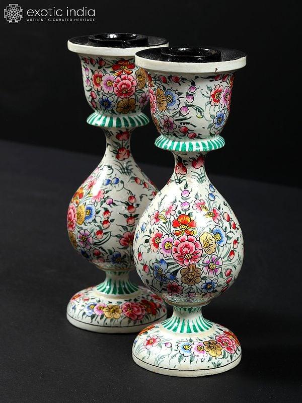Exotic India 6" Pair Of Hand-Painted Papier Mache Candle Holder | From Kashmir 