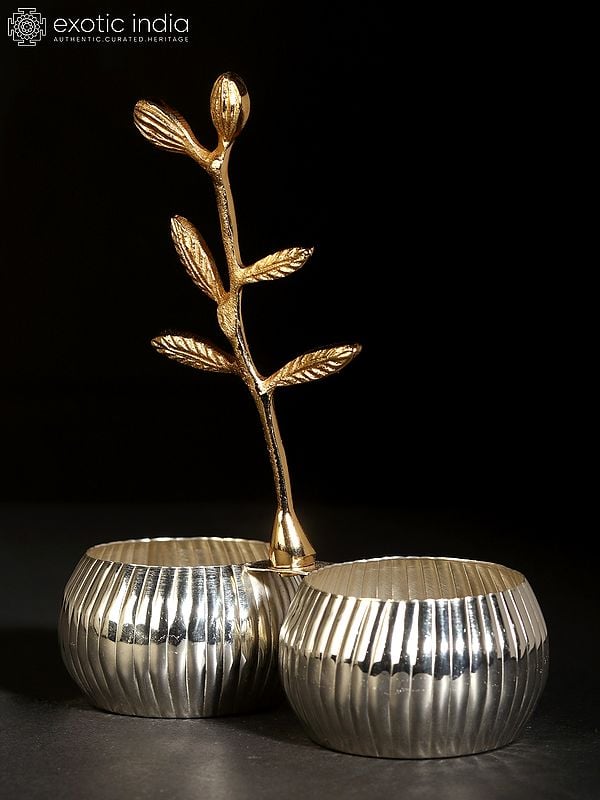 Exotic India 6" Silver Plating Double Nut Bowl With Tree Branch In Brass