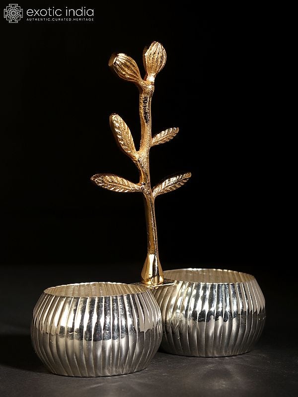 exotic india 6" Silver Plating Double Nut Bowl with Tree Branch in Brass