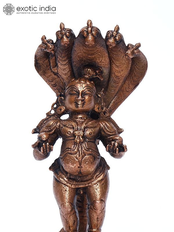 Exotic India 6" Small Bal Krishna On Kaliya Naag | Copper Statue 