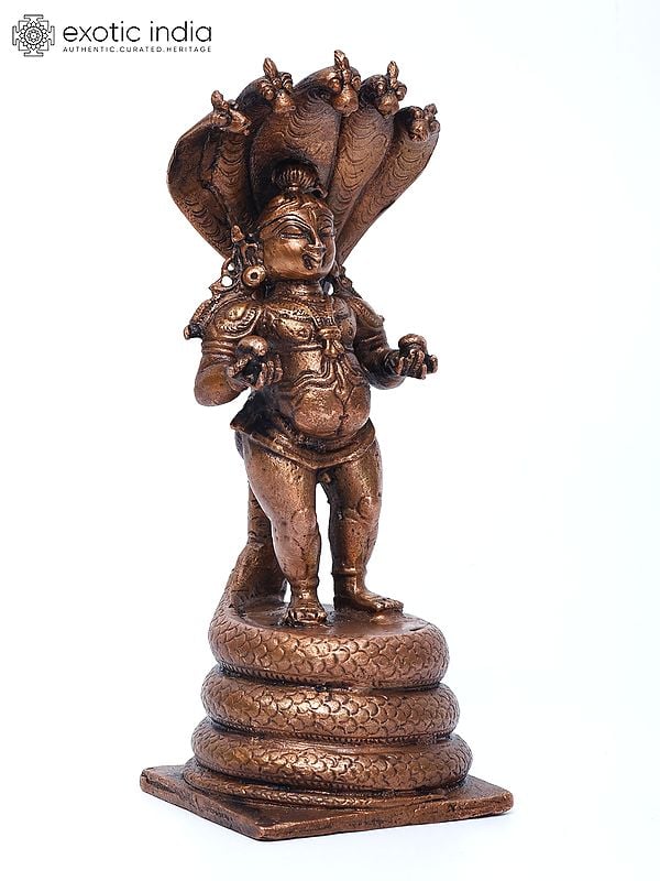 Exotic India 6" Small Bal Krishna On Kaliya Naag | Copper Statue 