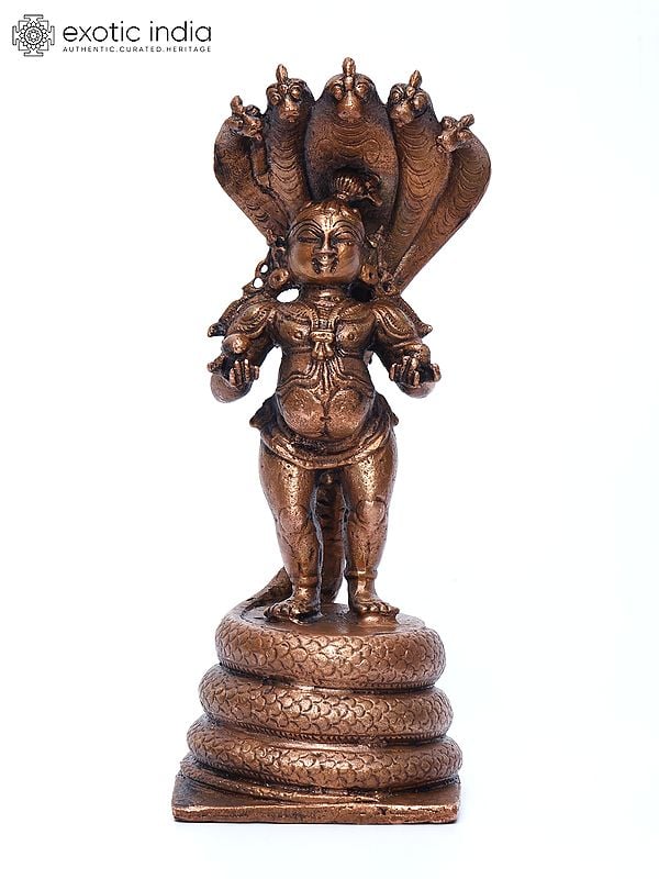exotic india 6" Small Bal Krishna on Kaliya Naag | Copper Statue 