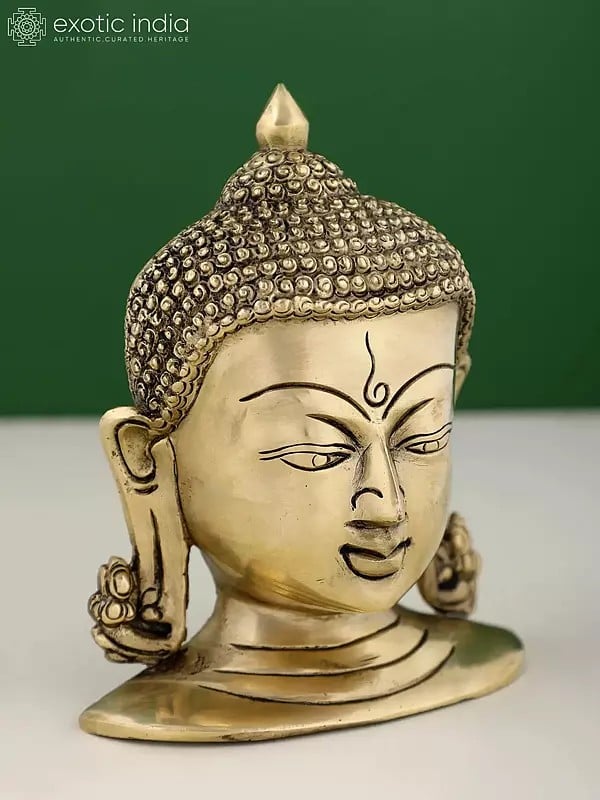 Exotic India 6" Small Brass Buddha Head Wall Hanging Statue 