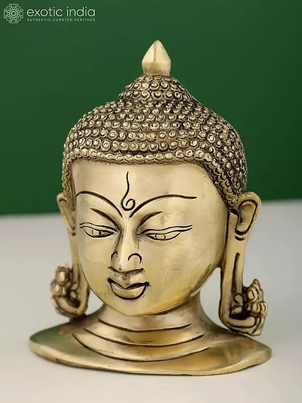 Exotic India 6" Small Brass Buddha Head Wall Hanging Statue 