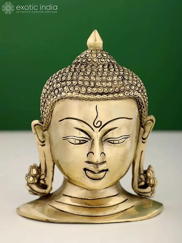 exotic india 6" Small Brass Buddha Head Wall Hanging Statue 