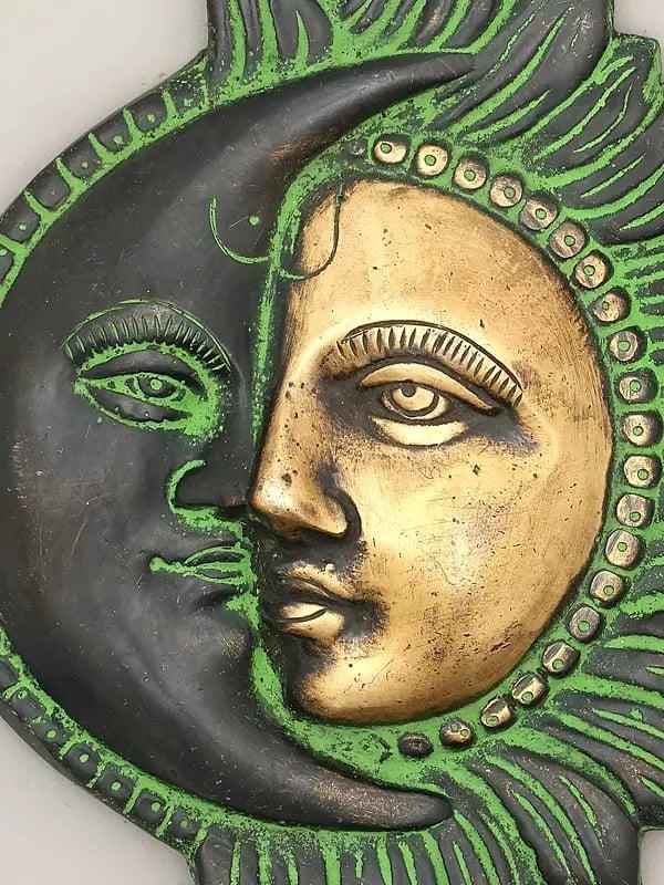 Exotic India 6" Small Brass Half Sun And Half Moon | Wall Hanging 