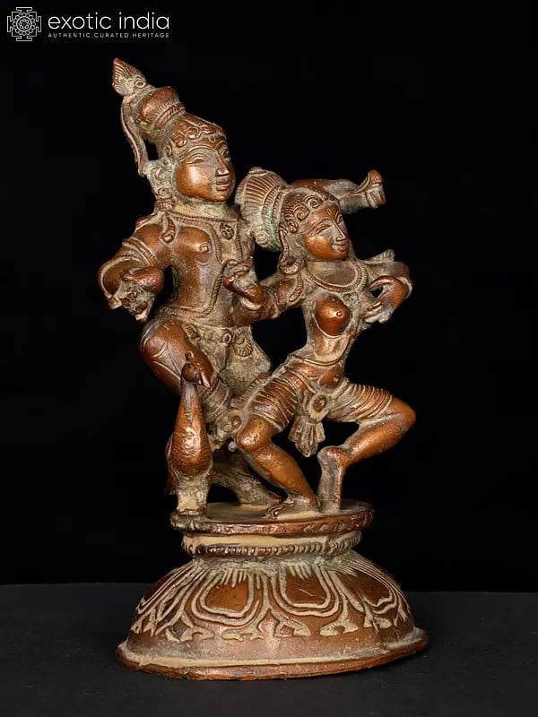 Exotic India 6" Small Dancing Radha Krishna | Copper Statue 
