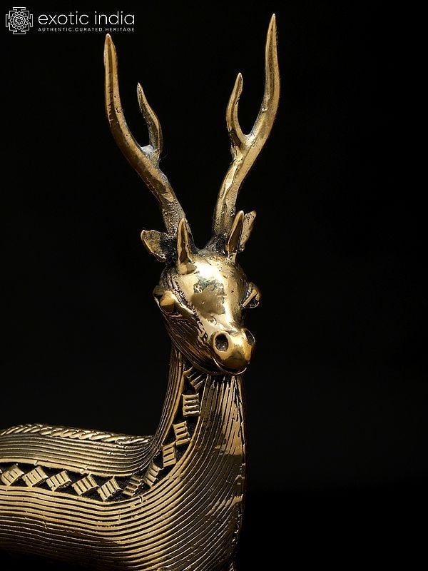Exotic India 6" Small Decorative Brass Deer Figurine | Dhokra Art | Table Decor