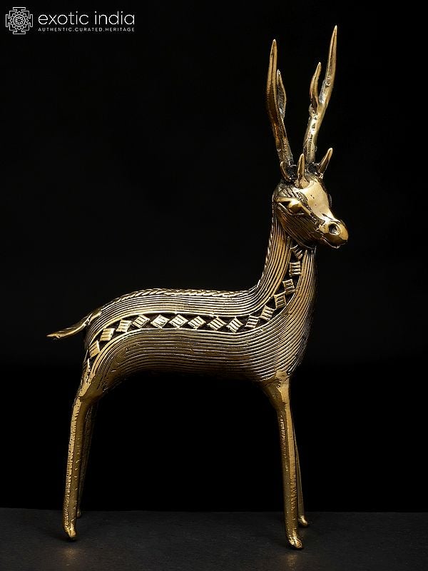Exotic India 6" Small Decorative Brass Deer Figurine | Dhokra Art | Table Decor