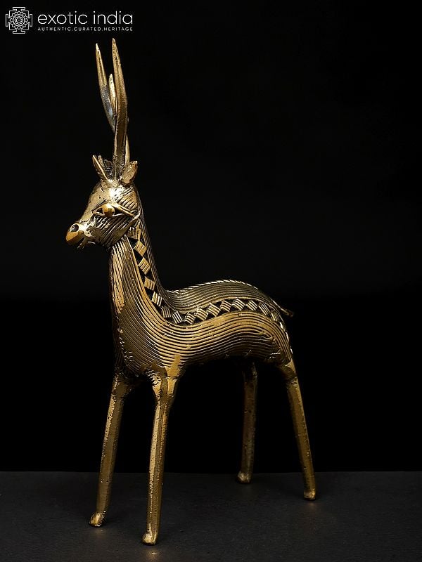 Exotic India 6" Small Decorative Brass Deer Figurine | Dhokra Art | Table Decor