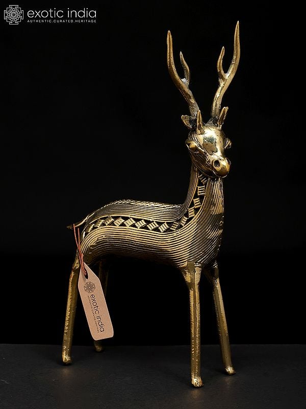 exotic india 6" Small Decorative Brass Deer Figurine | Dhokra Art | Table Decor 