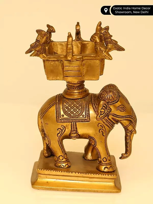 Exotic India 6" Small Elephant Statue With Birds Urli On Top | Brass Statue 