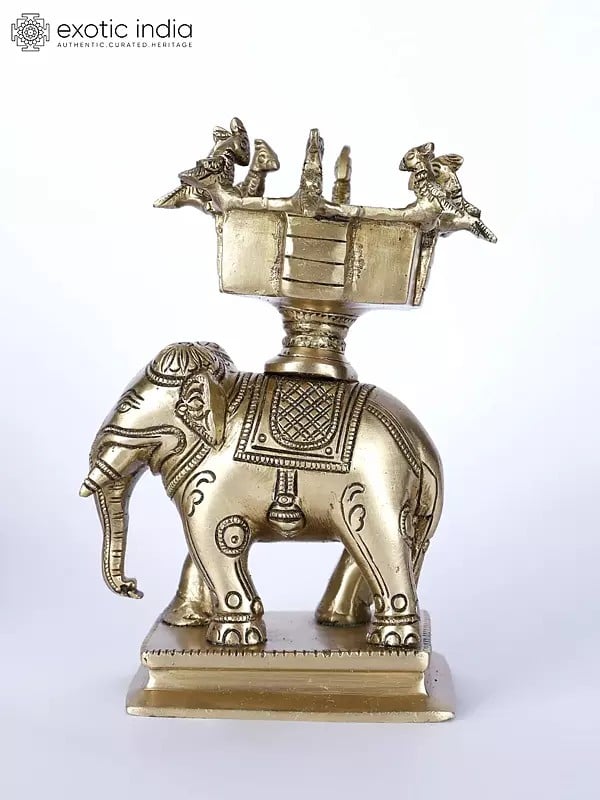 Exotic India 6" Small Elephant Statue With Birds Urli On Top | Brass Statue 