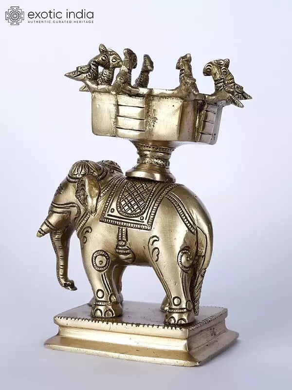 Exotic India 6" Small Elephant Statue With Birds Urli On Top | Brass Statue 