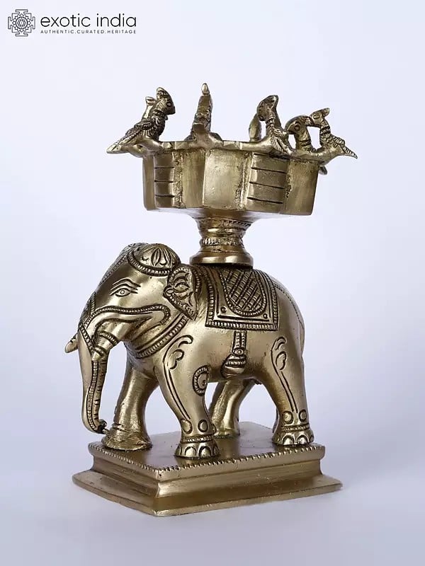 exotic india 6" Small Elephant Statue with Birds Urli on Top | Brass Statue 