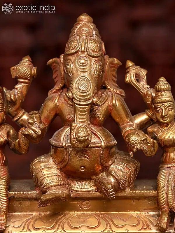 Exotic India 6" Small Lord Ganesha With Riddhi And Siddhi | Bronze Statue 