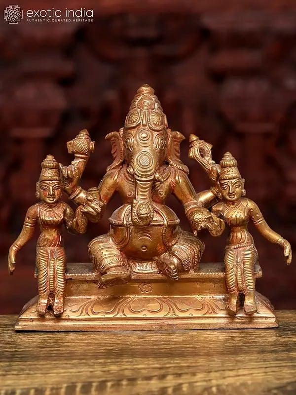 exotic india 6" Small Lord Ganesha with Riddhi and Siddhi | Bronze Statue 