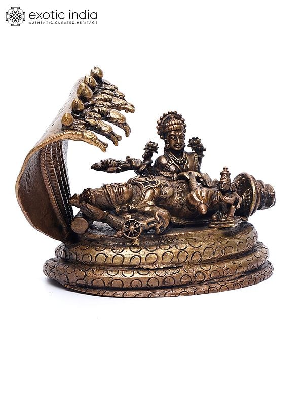 Exotic India 6" Small Shesha-Shayi Lord Vishnu With Devi Lakshmi And Garuda | Copper Statue 