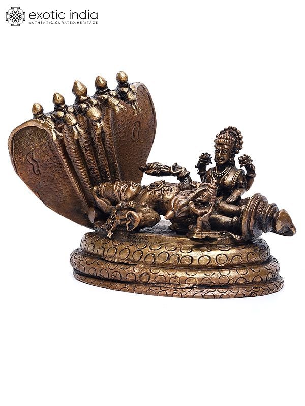 Exotic India 6" Small Shesha-Shayi Lord Vishnu With Devi Lakshmi And Garuda | Copper Statue 