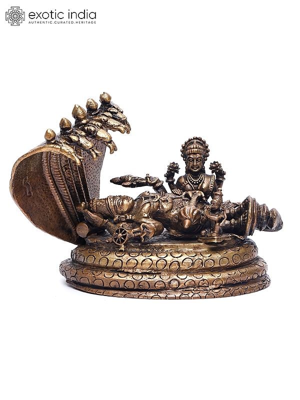 exotic india 6" Small Shesha-Shayi Lord Vishnu with Devi Lakshmi and Garuda | Copper Statue 