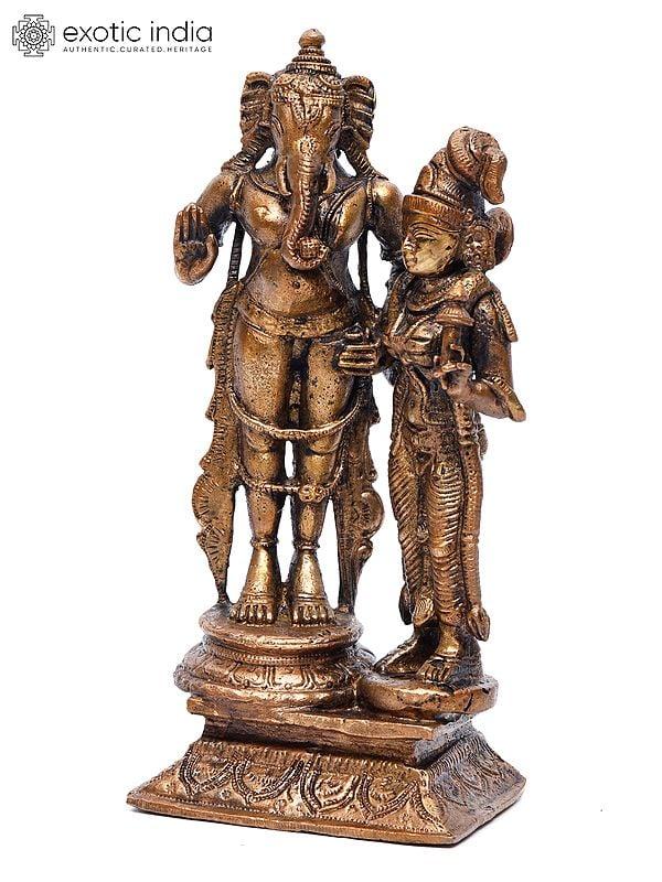 Exotic India 6" Small Standing Lord Ganesha With Devi Lakshmi | Copper Statue 