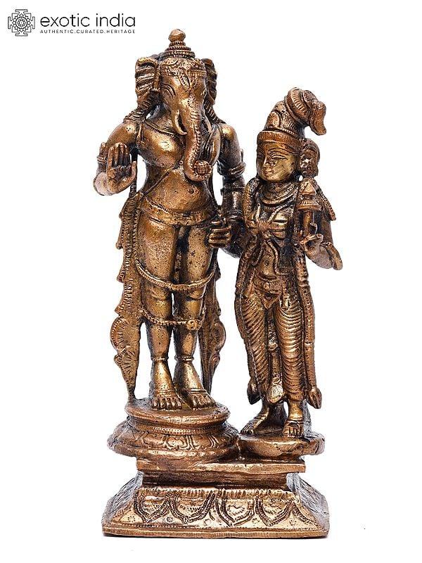 exotic india 6" Small Standing Lord Ganesha with Devi Lakshmi | Copper Statue 
