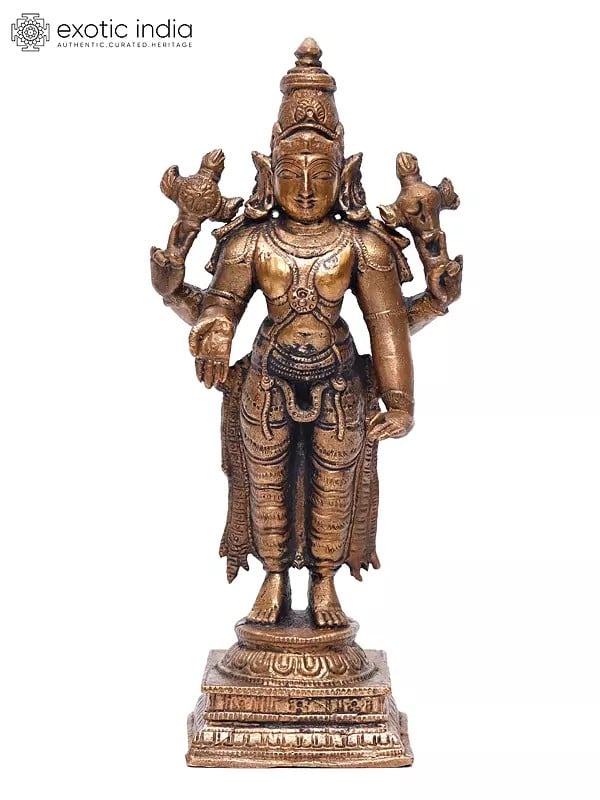 exotic india 6" Small Standing Lord Vishnu | Copper Statue 