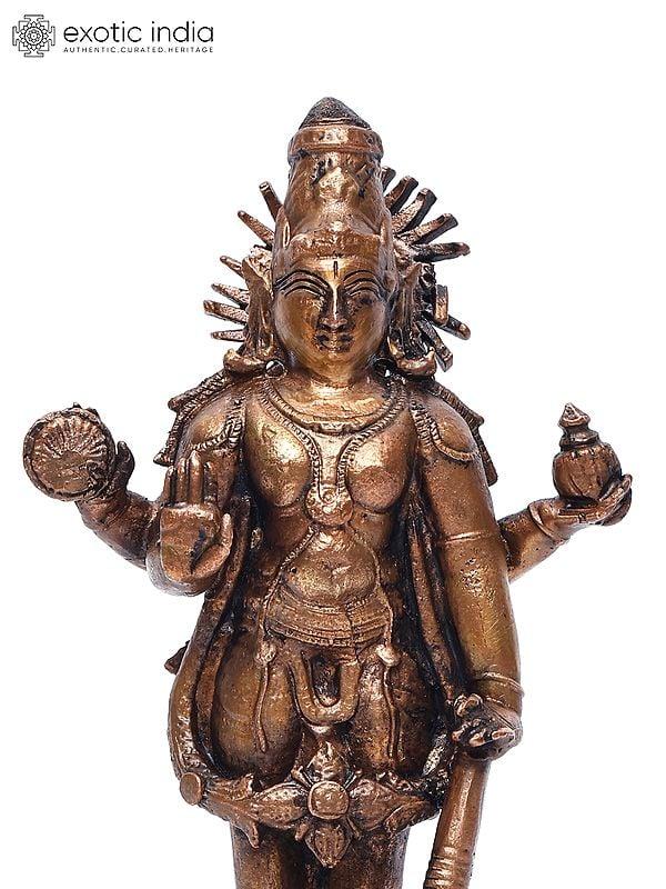 Exotic India 6" Small Standing Sun God Surya With His Seven Horses | Copper Statue 
