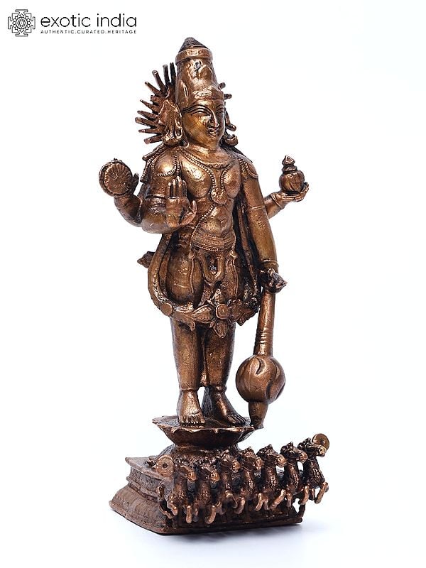 Exotic India 6" Small Standing Sun God Surya With His Seven Horses | Copper Statue 
