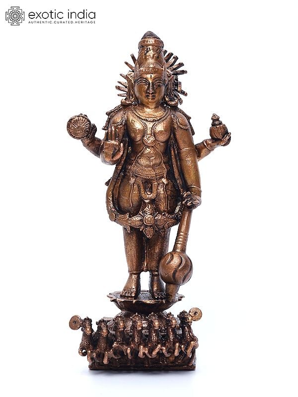 exotic india 6" Small Standing Sun God Surya with His Seven Horses | Copper Statue 