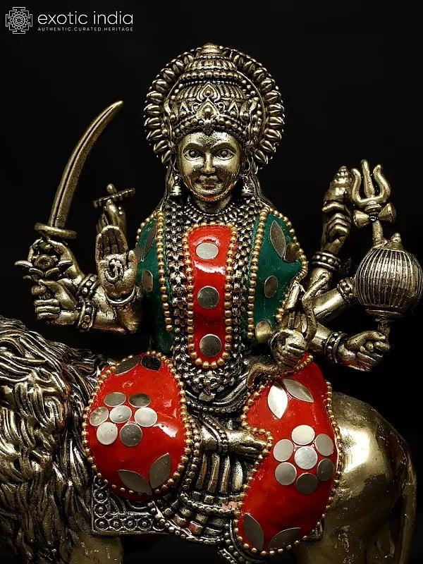 Exotic India 6" Small Superfine Goddess Durga (Sherawali Maa) | Brass Statue With Inlay Work 