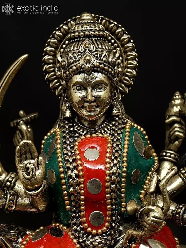 Exotic India 6" Small Superfine Goddess Durga (Sherawali Maa) | Brass Statue With Inlay Work 